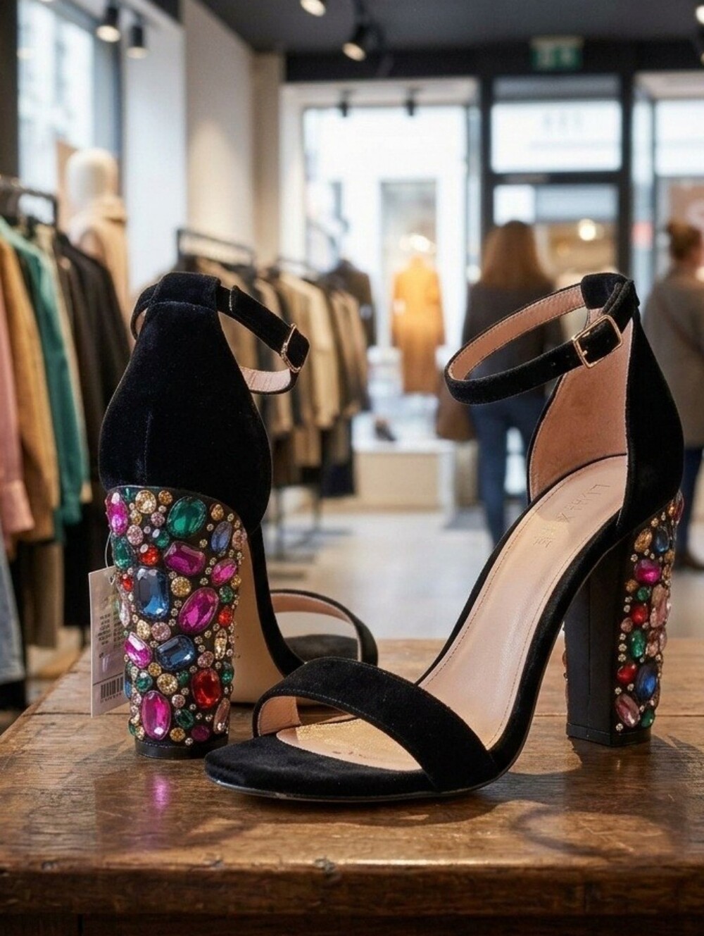 Windsor Black Block Heels with Multicolor Gem Embellishment